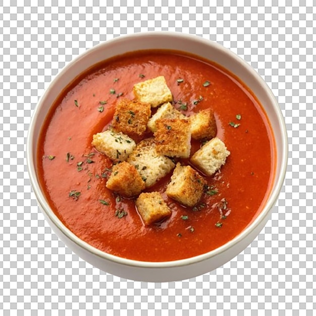 Schüssel Tomatensuppe mit Croutons, die an der Oberfläche schwimmen