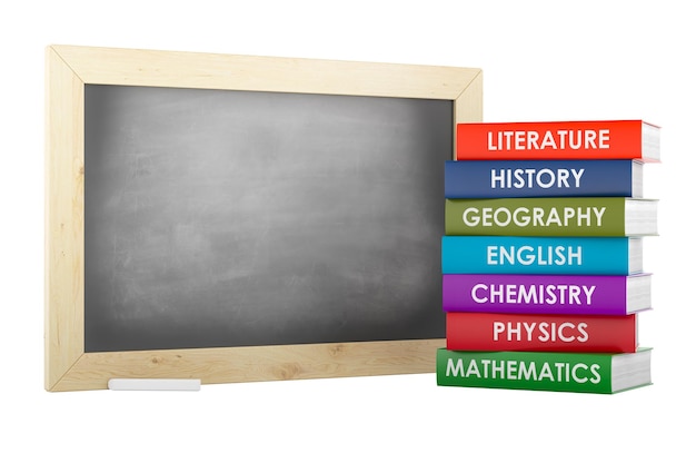 Schultafel und Stapel von Lehrbüchern 3D-Rendering isoliert auf durchsichtigem Hintergrund