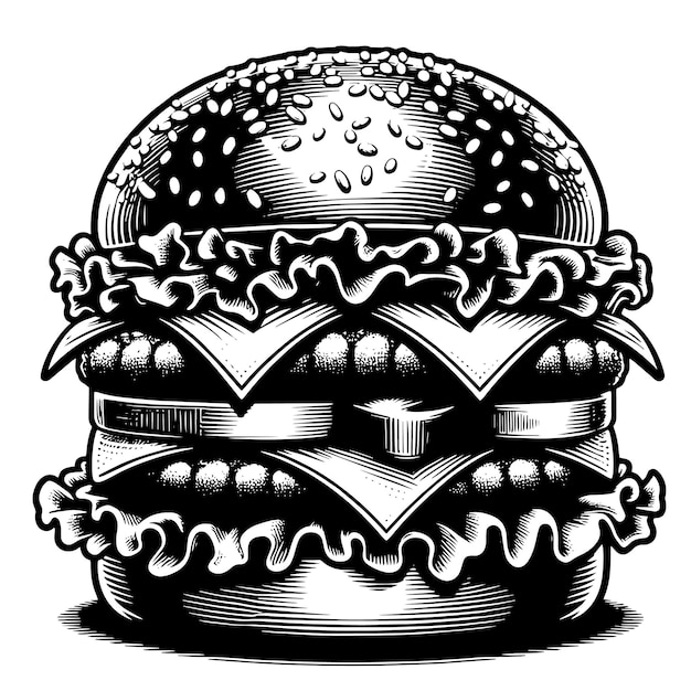 PSD schwarz-weiß-illustration eines leckeren gegrillten cheeseburgers