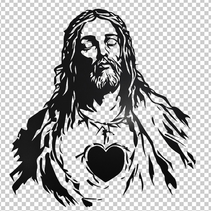 PSD schwarz-weißer schablon von afrikanischem jesus mit herz auf durchsichtigem hintergrund