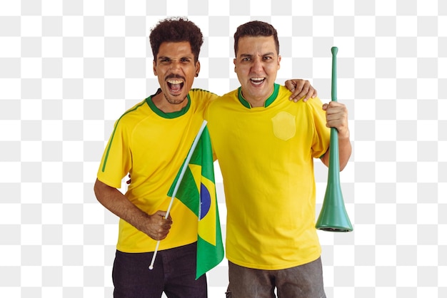 Schwarze Brüder mit gelbem brasilianischem Hemd und jubelnden Isolaten der Flagge