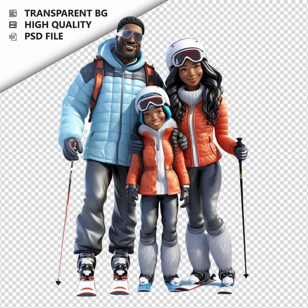 PSD schwarze familie ski 3d cartoon-stil weißer hintergrund iso
