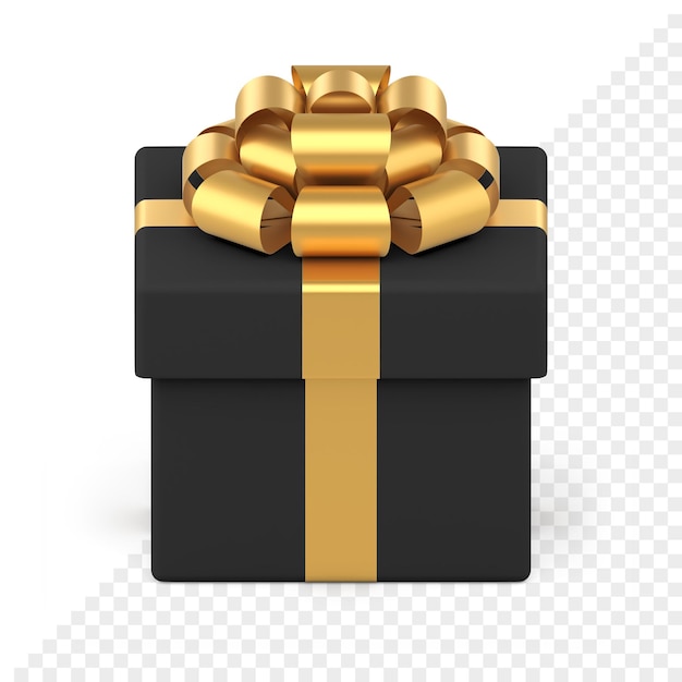 Schwarze festliche Geschenkbox mit goldener Schleife. Kreatives Paket mit Goldband und luxuriösem Knoten. Geschenküberraschung für Weihnachts- und Neujahrsveranstaltungen. Objekt für Winterurlaub.