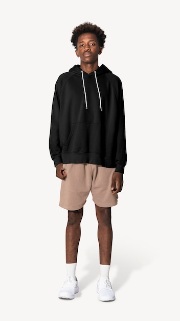 Schwarze Hoodie-Mockup, bearbeitbare Vollkörperbekleidung, Mode-PSD