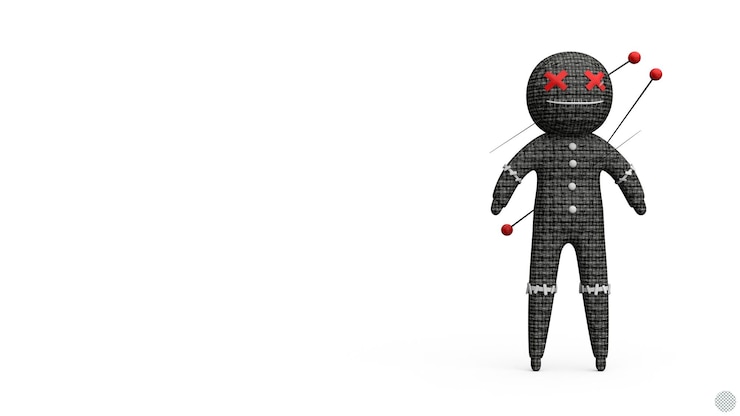 PSD schwarze magische voodoo-puppe mit stiften 3d-renderillustration für halloween-dekoration