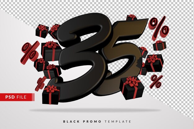 Schwarze nummer 35 black friday banner 3d mit dunklen geschenkboxen