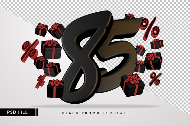 Schwarze nummer 85 black friday banner 3d mit dunklen geschenkboxen