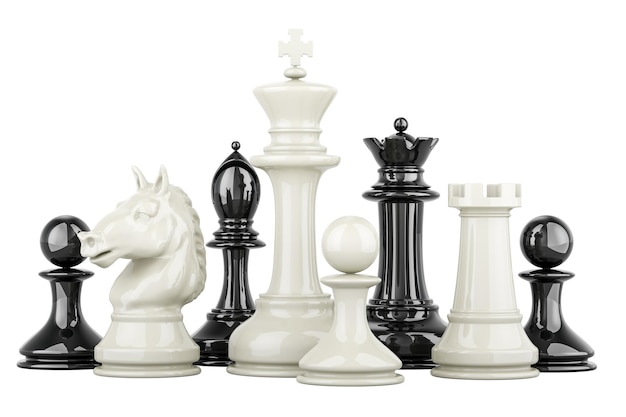Schwarze und weiße Schachfiguren 3D-Rendering isoliert auf transparentem Hintergrund