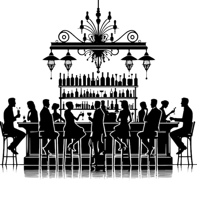PSD schwarze und weiße silhouette einer hotel-club-bar-szene mit gästen mann und frau
