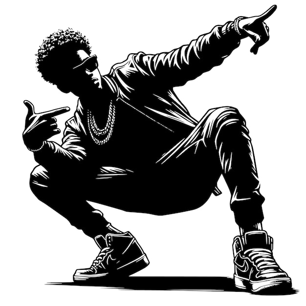 PSD schwarze und weiße silhouette eines hip-hop-rappers, der cool steht