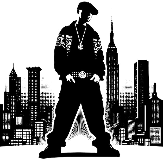 PSD schwarze und weiße silhouette eines hip-hop-rappers, der vor einer städtischen skyline posiert