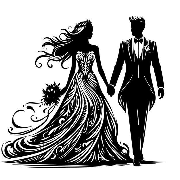 PSD schwarze und weiße silhouette eines hochzeitspaares, das auf selbstbewusste weise zusammen steht