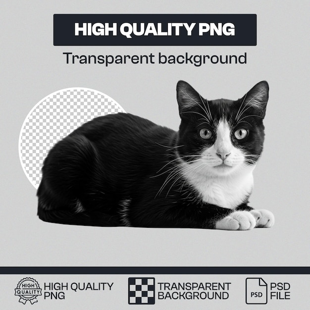 Schwarze und weiße Tuxedo-Katze mit durchsichtigem Hintergrund