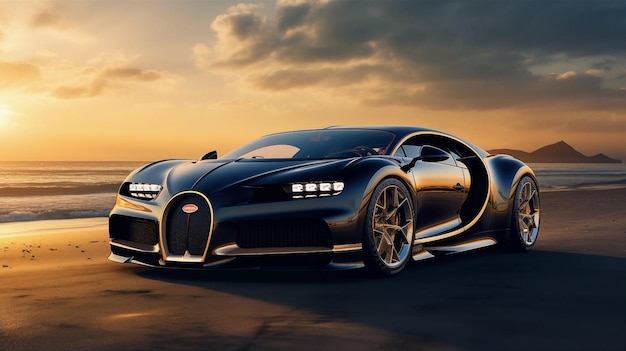 PSD schwarzer bugatti zoomt an der skyline von dubai vorbei super auto tapete schnellste auto tapete