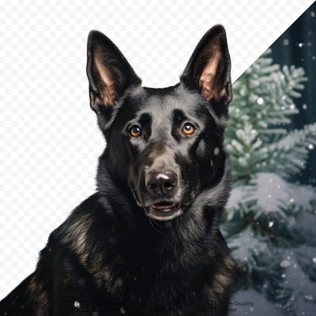 PSD schwarzer deutscher schäferhund im winterwald mit weihnachtsbaum als hintergrund