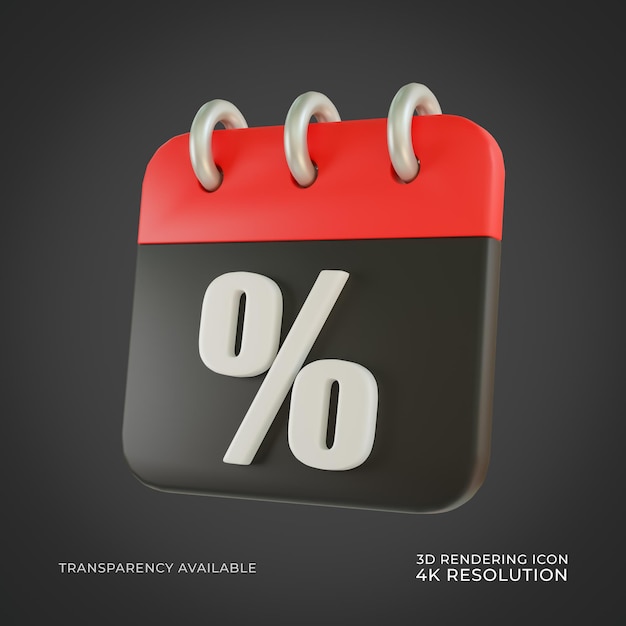 Schwarzer Freitag-Kalender-Prozentsatz-Symbol, isolierte 3D-Render-Illustration
