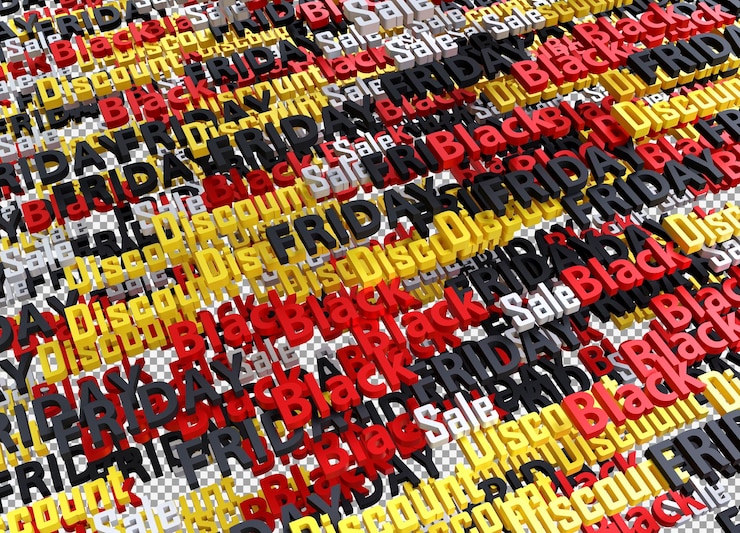 PSD schwarzer freitag rabatt wortwolke mit schwarzem, weißem, gelbem und rotem buchstaben 3d-rendering.