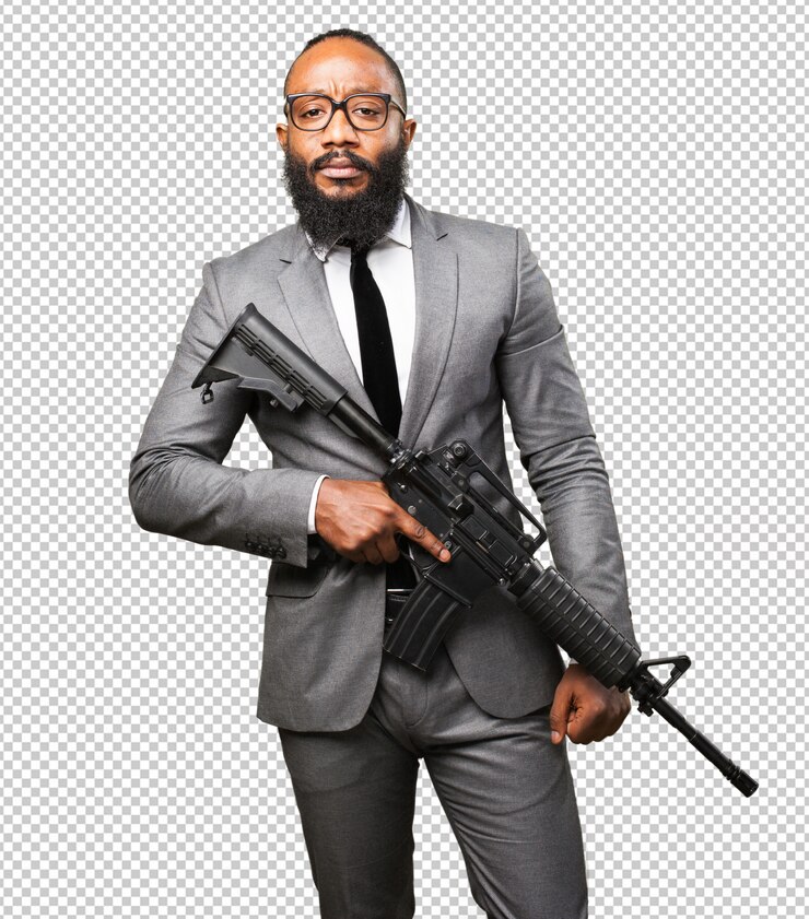 PSD schwarzer mann des geschäfts, der ein maschinengewehr hält