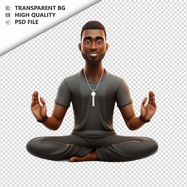 Schwarzer mann meditiert in 3d-cartoon-stil mit weißem hintergrund