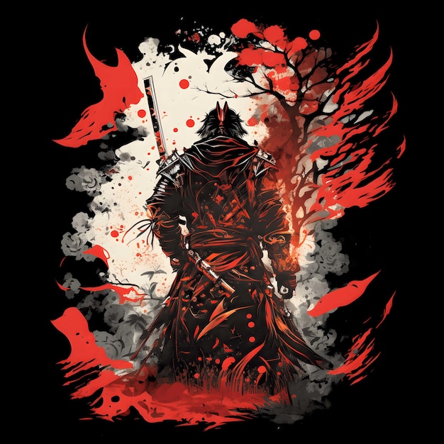 Schwarzer Todessamurai auf schwarzem Hintergrund 4096px PNG-Malkunststil für T-Shirt-Clipart-Design