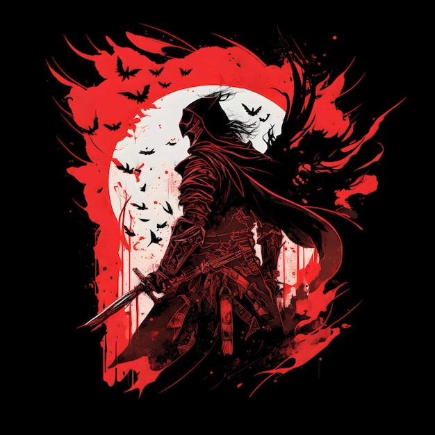 Schwarzer Todessamurai auf schwarzem Hintergrund 4096px PNG-Malkunststil für T-Shirt-Clipart-Design