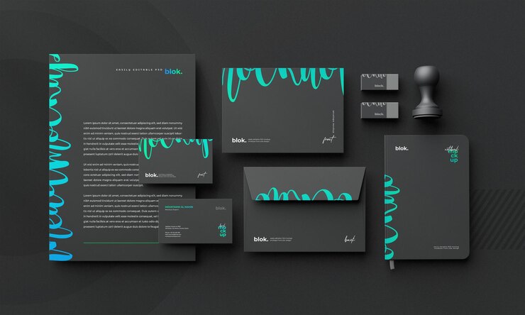 PSD schwarzes briefpapier-branding corporate identity draufsicht-mockup-szenenersteller