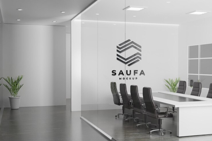 PSD schwarzes logo-modell im büro-besprechungsraum