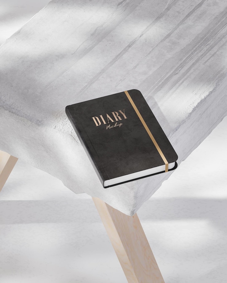 PSD schwarzes luxus-leder-tagebuch-logo-produktmodell auf weißem betonhintergrund 3d-rendering