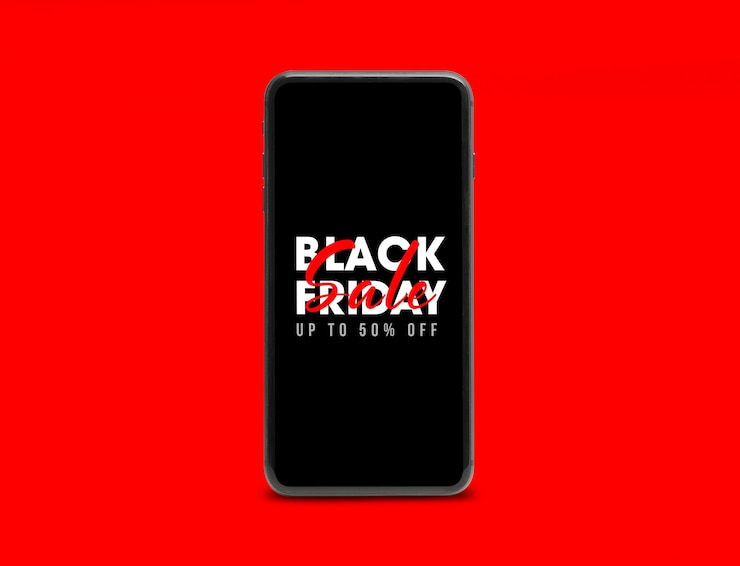 PSD schwarzes mobiles smartphone mit black friday-kampagnen-mockup