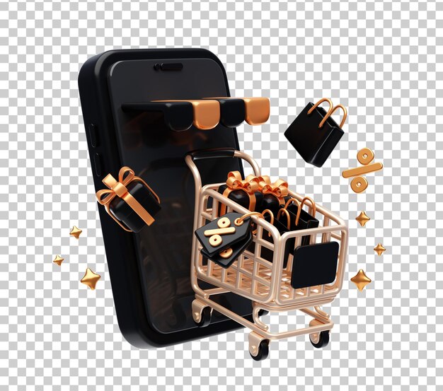 Schwarzes Smartphone mit Einkaufswagen-Symbol 3D-Illustration