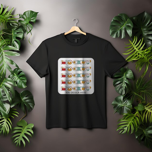 Schwarzes T-Shirt für Mockup-Design-Wandhintergrund mit Zimmerpflanze