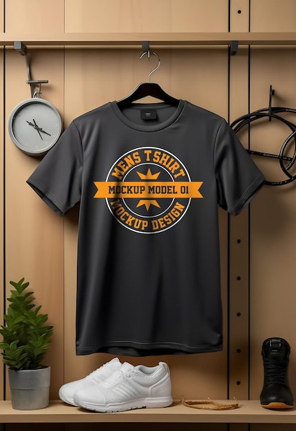 PSD schwarzes t-shirt-mockup auf holzgrund