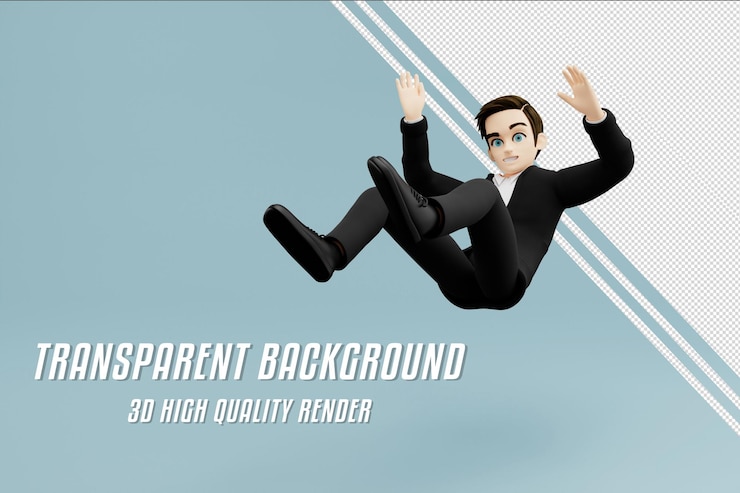 PSD schwebender 3d-männchen, glücklich lächelnd in business-kleidung, blauer hintergrund