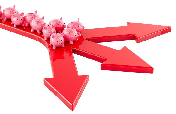 PSD schweinebeutel stehen vor roten pfeilen, die in verschiedene richtungen zeigen investitionsstrategie finanzielle entscheidungen konzept 3d-rendering isoliert auf transparentem hintergrund
