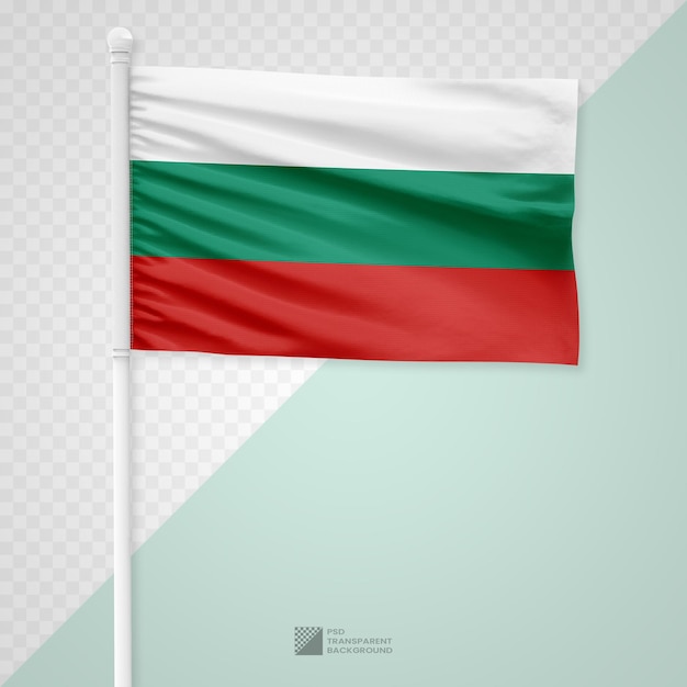 PSD schwenkt die bulgarische flagge auf einem weißen metallmast, isoliert auf einem transparenten hintergrund