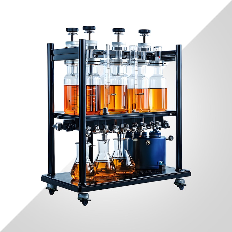 PSD scientific apparatus with beakers and liquids for laboratory research and experiment