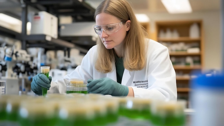 PSD un scientifique en chemise de laboratoire examine des échantillons.