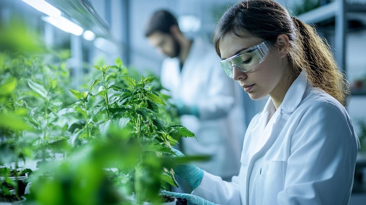 PSD une scientifique examine des plantes dans un laboratoire avec un collègue masculin en arrière-plan