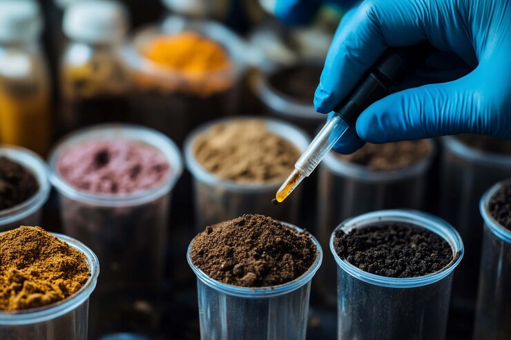 PSD un scientifique en gants bleus analyse des échantillons de sol dans des récipients transparents à l'aide d'une pipette