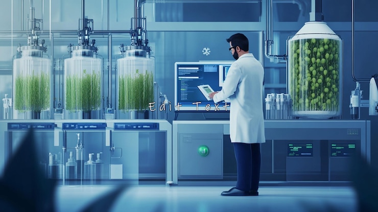 PSD un scientifique surveille la croissance des plantes dans un laboratoire futuriste