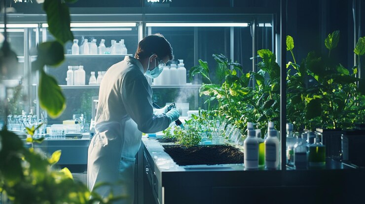 PSD un scientifique en tenue de laboratoire pulvérise des plantes dans un laboratoire moderne