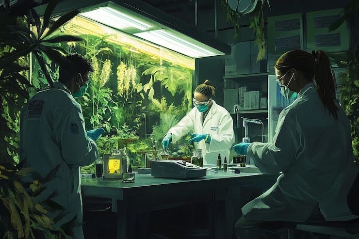 PSD des scientifiques en blouse de laboratoire font des recherches sur les plantes dans un laboratoire sombre et luxuriant.