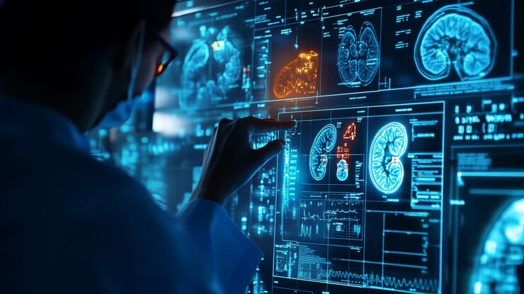 PSD scientist analyzing medical scans on a large digital screen