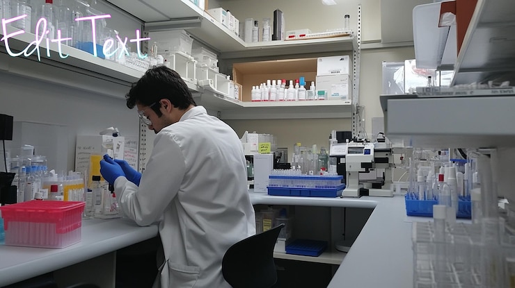 PSD scientist in lab coat conducts research in a wellequipped laboratory meticulously handling samples and equipment