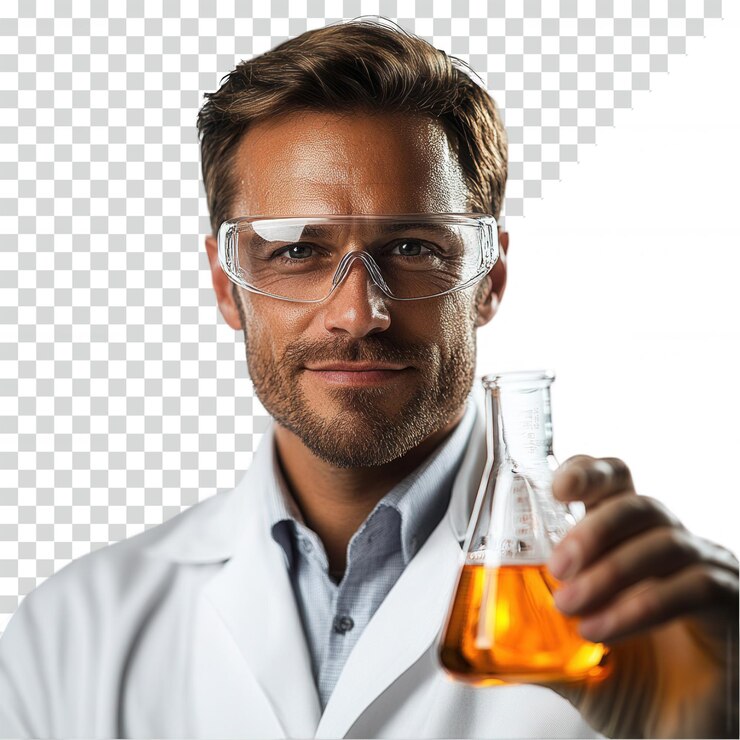 PSD scienziato che indossa un camico bianco di laboratorio sullo sfondo trasparente
