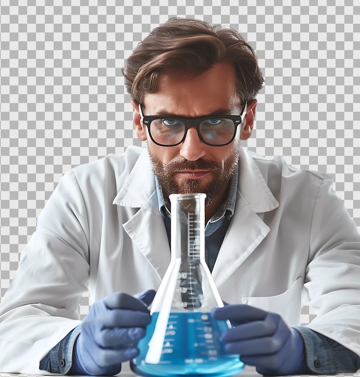 PSD scienziato maschio che analizza un flacone conico costituito da una soluzione chimica su uno sfondo trasparente