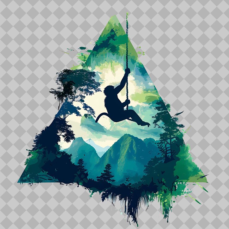 PSD scimmia cappuccina all'interno di una silhouette triangolo montuoso ado png acquarello collezioni di fauna selvatica