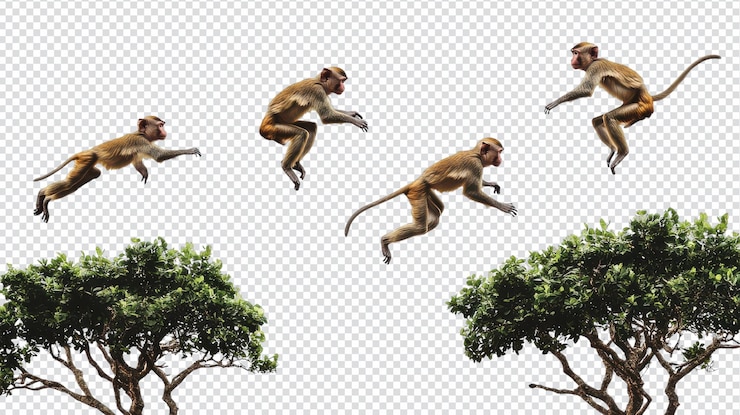 PSD scimmie che saltano tra gli alberi isolate su uno sfondo trasparente perfetto per il comportamento degli animali e i temi di conservazione della fauna selvatica