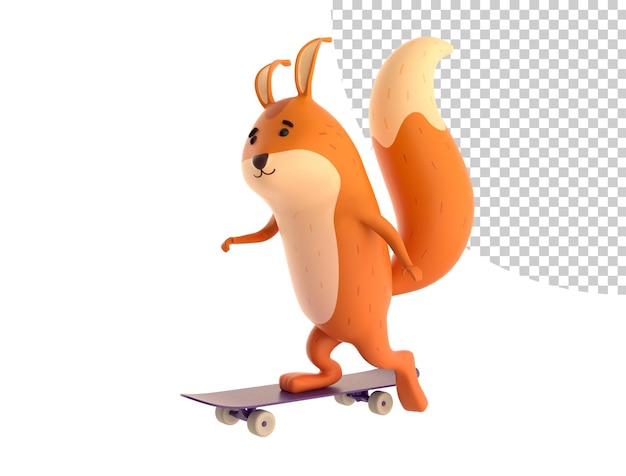 Scoiattolo del fumetto con un'illustrazione per bambini 3d di skateboard