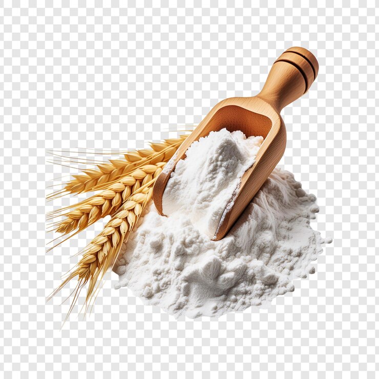 PSD scoop di legno di farina con grappolo di grano isolato su uno sfondo trasparente